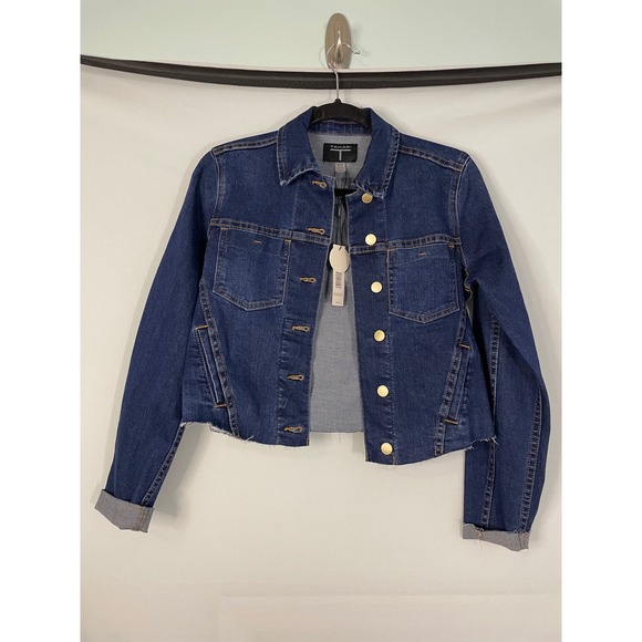 Tahari Jackets & Blazers - NWT Tahari Dark Wash Denim Cropped Jacket‎ Raw Hem Gold Buttons Size XS